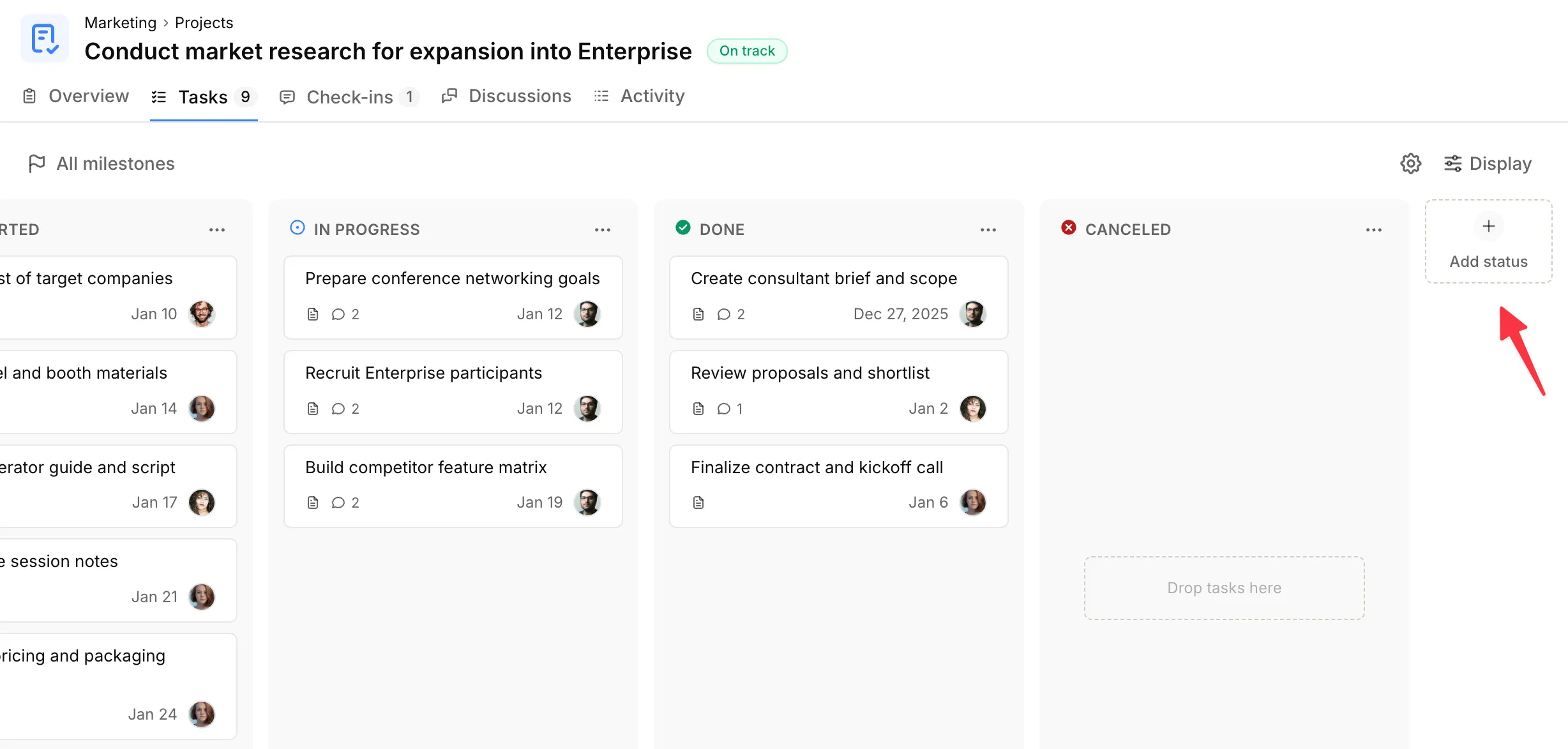 Screenshot: Add status button