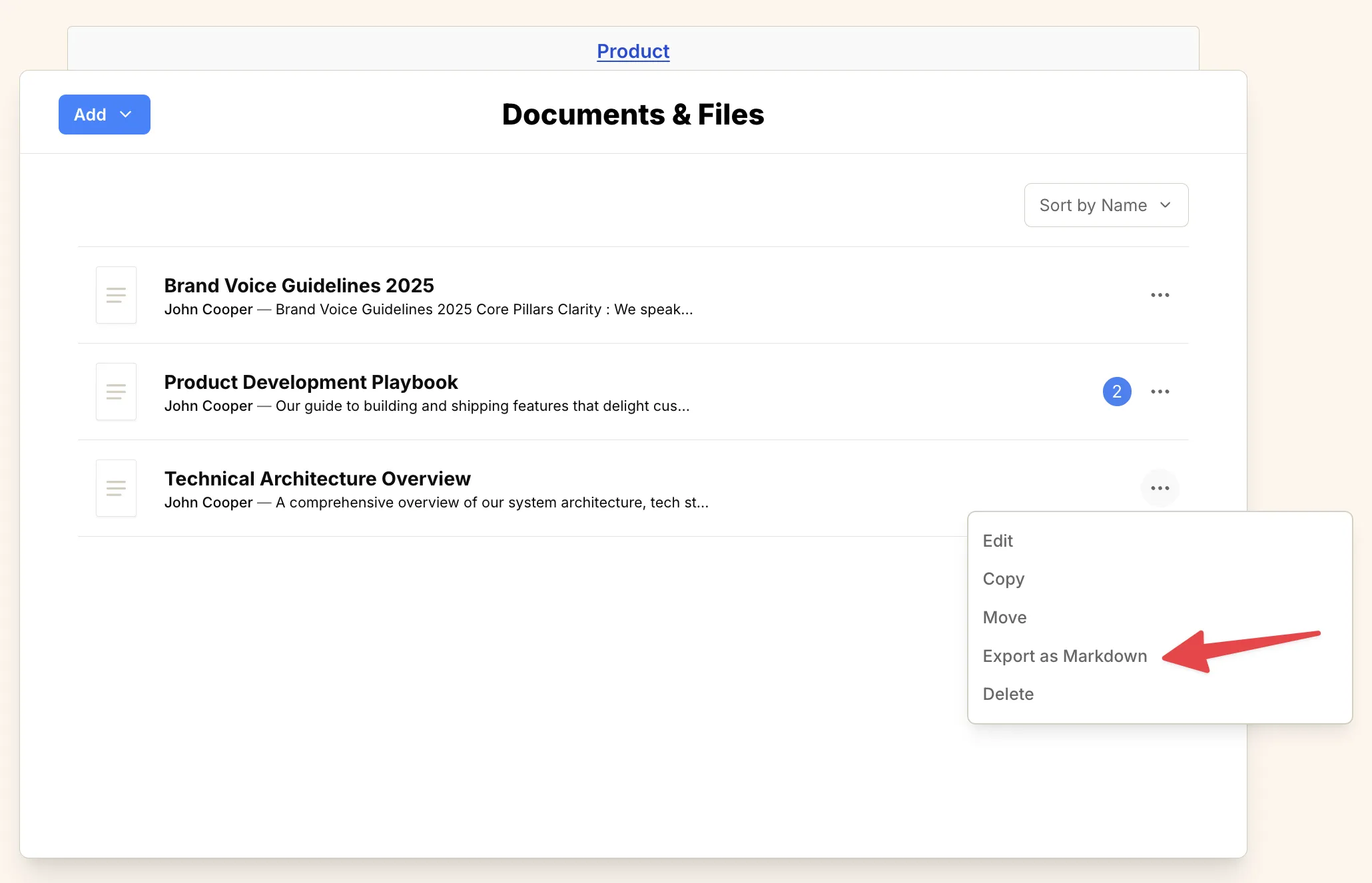 Screenshot: Export from Documents & File page